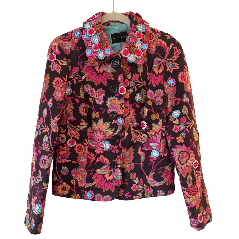 Rena Lange Floral Tapestry Blazer 3D Flower Applique Brown Multi Jacket Size 42‎